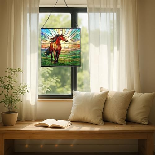 Bay Lusitano Horse Standing ATOP Hill at Sunset Square Suncatcher – Stained Glass Style Window Panel with Pastoral Scene, Custom Decorative Hanging Art for Equestrian Home, Christmas nJns2w - Image 7
