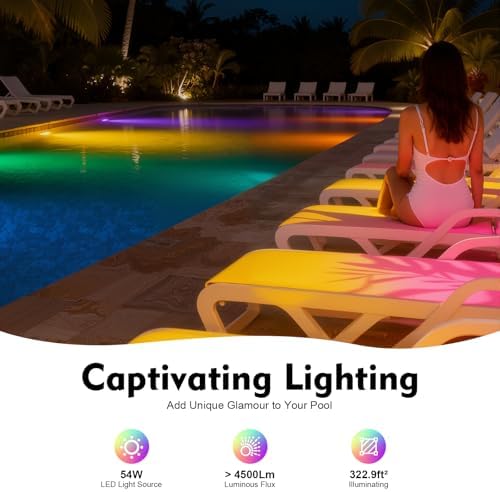 11.8Inch LED Pool Light, 12V 54W RGB Color Change Led Pool Light, 7 Colors 12 Modes Dynamic Changing Modes Underwater Pond Light, Submersible Led Light with Remote for Pool Wall - Image 6
