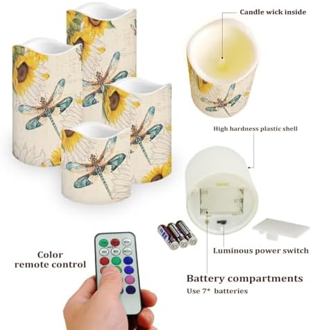Dragonfly Sunflower Battery Candle Timer Battery Powered LED Candles Color Changing Pillar Electric Fake Candles Bulk for Home Table Decoration Set of 4 - Image 3