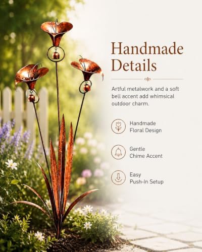 Copper Flamed Three Calla Lilies Garden Stake with Bells, Decorative Metal Stakes 24 Inch Handmade Whimsical Flower Rain Catcherflower Yard Art Decor Chime Rustic Yards Ornament Gift(3pcs) - Image 6