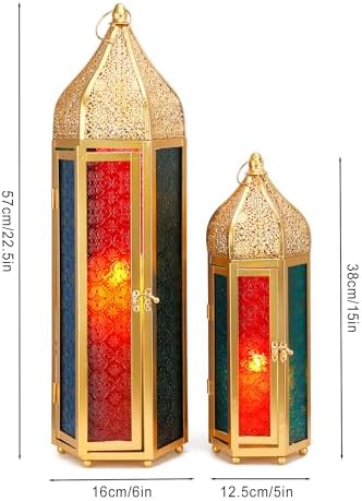 TRIROCKS Set of 2 Moroccan Candle Lanterns 22.5''&15'' H Decorative Candle Holder Hanging Lanterns with Embossed Colored Tempered Glass Ramadan Decorations for Home Outdoor Indoor Patio Weddings(Gold) - Image 6