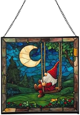 Moon Swinging Gnome Stained Glass Suncatcher – Square Hanging Window Panel for Home or Greenhouse – Whimsical Glass Art Gift for Garden Lovers, Christmas, Halloween, Father Days ngKsmH by Custom