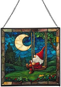 Moon Swinging Gnome Stained Glass Suncatcher – Square Hanging Window Panel for Home or Greenhouse – Whimsical Glass Art Gift for Garden Lovers, Christmas, Halloween, Father Days ngKsmH by Custom