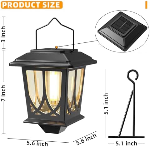 Solar Lanterns Outdoor Waterproof 2 Pack, Glass Auto On/Off LED Hanging Solar Lights, Outdoor Lantern with Wall Mount for Yard Fence Patio - Black - Image 4