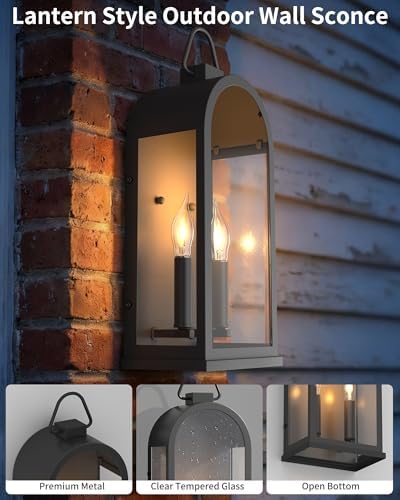 17" Outdoor Wall Lights 2-Light Lantern Black Exterior Lighting Fixtures - Image 6