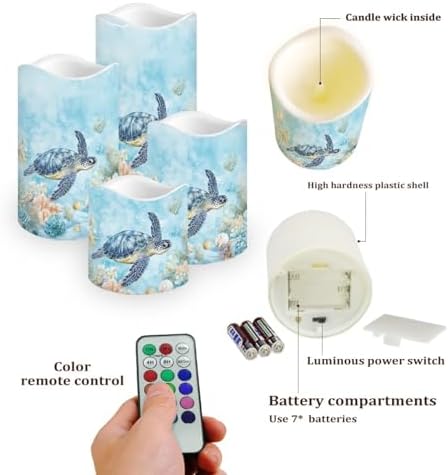 Turtle Flameless Flickering Candles 4 Pcs Real Wax Battery Operated Candles with Color Changing Timer Remote Control LED Pillar Candles for Wedding Party and Holiday Decoration - Image 3
