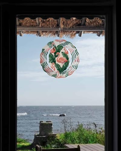 Tropical Flamingos Wind Spinners Outdoor Summer Palm Leaves Retro Linen Texture 3D Stainless Steel Wind Spinner for Yard Kinetic Sculpture Hanging Spinning Ornament for Garden Patio Porch 12 Inch - Image 2