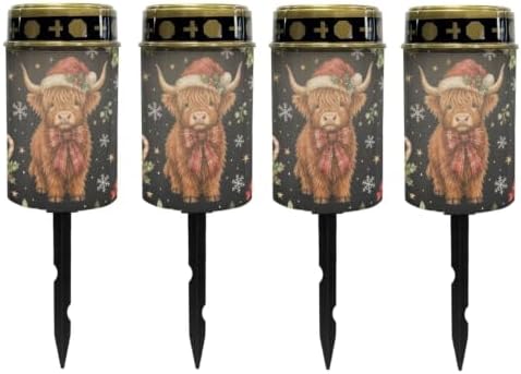 Poceacles Solar Lights Outdoor Christmas Lights for Cemetery LED Flameless Candle Cemetery Solar Pillar Candles Outdoor Decor, Christmas Highland Cow Candy Cane Print, 4 Pack by Poceacles