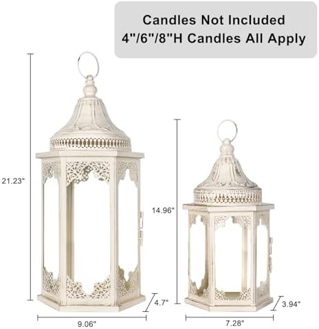 NEEDOMO Lanterns Decorative Outdoor & Indoor, Set of 2 Outdoor Lanterns for Porch,Large Candle Lantern, Beige Metal Frame with Glass for Fall, Christmas - Image 6