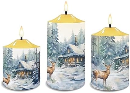 Cozeyat Christmas Decor Flameless Electric Candles with Remote, Christmas Cottage Elk Snowscape Design Ivory Pillar Battery Operated Candles with Dancing LED Flame,Warm Yellow Tea Lights Set of 3 - Image 2