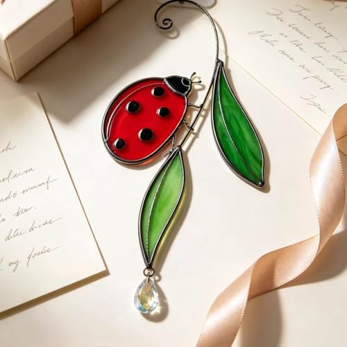 Handmade Real Stained Glass Ladybug Suncatcher, Red Ladybug on Green Leaves ，Window Hanging or Wall Hanging Art Decor,Crystal Bead Accent, Nature-Inspired Home Decor, Indoor & Outdoor Garden Ornament - Image 5