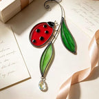 Handmade Real Stained Glass Ladybug Suncatcher, Red Ladybug on Green Leaves ，Window Hanging or Wall Hanging Art Decor,Crystal Bead Accent, Nature-Inspired Home Decor, Indoor & Outdoor Garden Ornament - Image 5