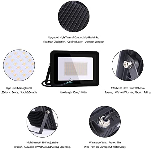 MIHEAL 110V 2 Pack 100W LED Flood Light, Warm White 3000K, IP68Waterproof Super Bright Security Lights, Outdoor Floodlight for Yard, Garden, Playground, Basketball Court - Image 3