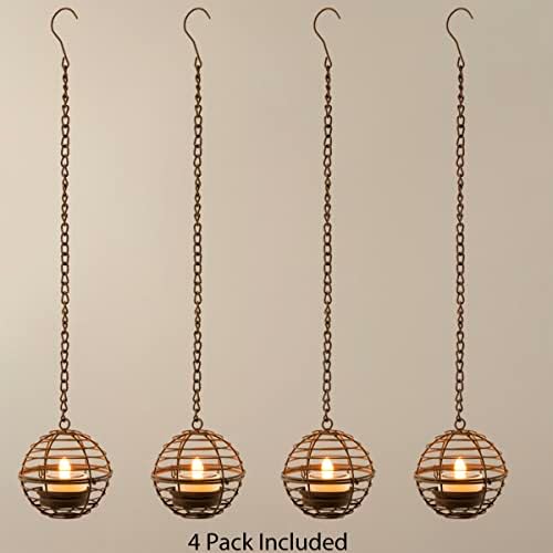Solar Hanging Lanterns Outdoor Waterproof, Rust Iron Ball Candle Holder with Flickering Solar Powered Tea Lights, Perfect Chargeable Solar Lights for Backyard Patio Garden Fence Tree Decoration-4Pack - Image 7