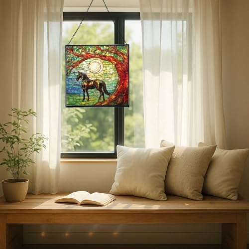 Black Horse Standing Beneath Ancient Tree Square Suncatcher – Stained Glass Style Window Panel with Pastoral Scene, Custom Decorative Hanging Art for Equestrian Home, Christmas 9bLq9E - Image 7