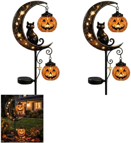 Solar Halloween Black Cat & Pumpkin Moon Garden Stake Light,2-in-1 Waterproof Outdoor LED Yard Decor with Hanging Lantern,Auto Dusk-to-Dawn Lawn Ornament for Pathway,Patio, Walkway (Black-B-2PCS) by HZSprance