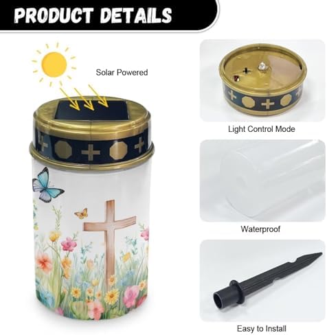Poceacles Cross Solar Powered Cemetery Solar Candle, Memorial Floral Cross Butterfly, 2 Pack Waterproof Landscape Lights for Yard, Patio, Lawn, Home Decor - Image 7