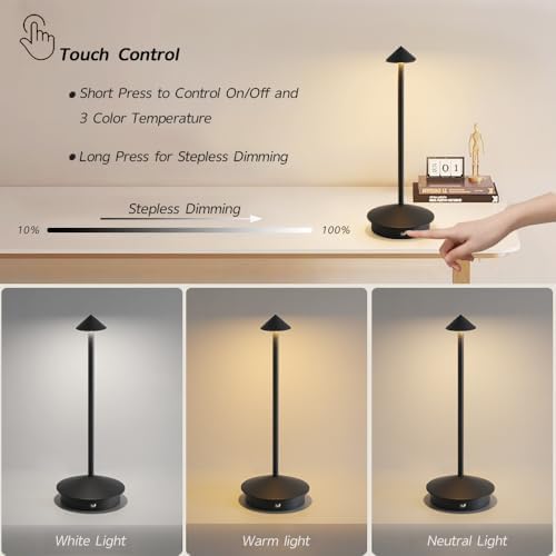 2 Pack Aluminum Cordless Table Lamp, 6000mAh Rechargeable Table Lamps, Portable Touch LED Lamp, Outdoor Waterproof Dimmable Cordless Rechargeable Table Lamps for Restaurant/Patio- Black (BK-Black) - Image 5