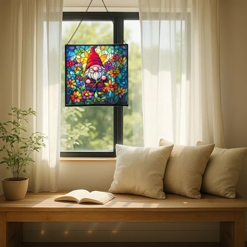 Midsummer Gnome Garden Stained Glass Suncatcher – Square Hanging Window Panel for Home or Greenhouse – Whimsical Glass Art Gift for Garden Lovers, Christmas, Halloween, Father Days 9TJjo3 - Image 7