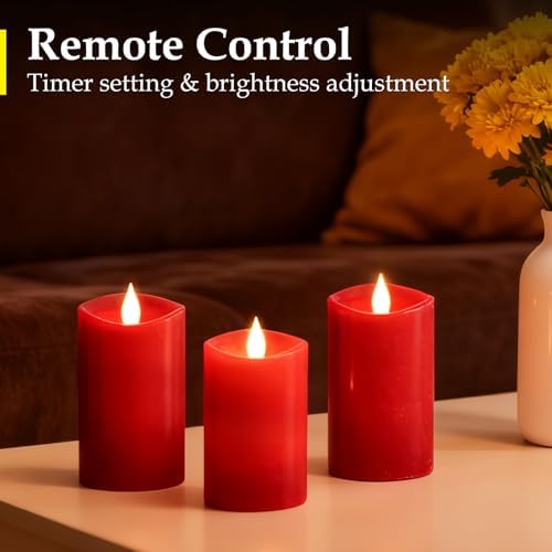 3x5 inch Red Flameless Candles, Realistic Flameless LED, Battery-Powered Pillar Candles with Remote & Timer, Fake Candles for Fall Decor, (Red, 3"*5"-3pcs) - Image 3