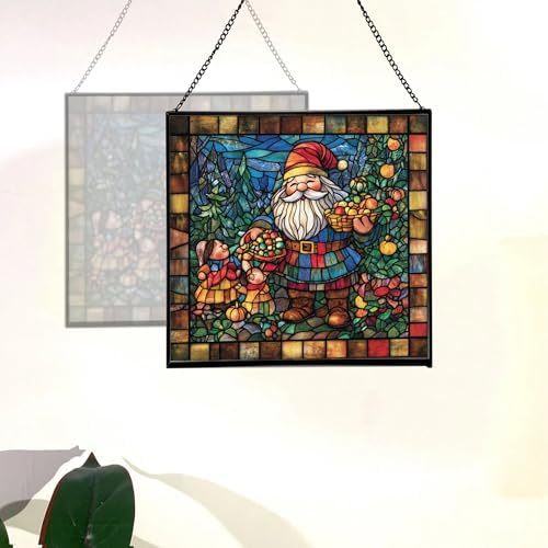 Gnome with Seasonal Celebration Stained Glass Suncatcher – Square Hanging Window Panel for Home, Garden, Nursery, Halloween, Christmas, Memorial Day – Whimsical Glass Art Gift for Gnome Lovers aovxtp - Image 4