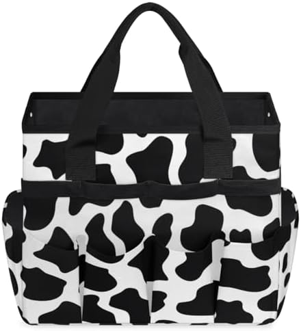 Black White Garden Tool Bag Organizer Heavy Duty Fun Cow Print Farm Animal Gardening Tote Bag with 10 Pockets for Women Men Gardening Gifts - Image 2