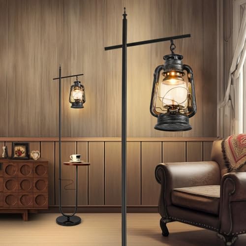 Vintage Floor Lamp with Table,Classical Lantern Standing Rustic Farmhouse Nightstand Hanging Arc Floor Lamp with Black Silver Finish,for Living Room,Bedroom,Reading Room(Silver) by workluurop