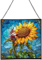 Sunflower Climb Gnome Stained Glass Suncatcher – Square Hanging Window Panel for Home or Greenhouse – Whimsical Glass Art Gift for Garden Lovers, Christmas, Halloween, Father Days PWjhXc by Custom