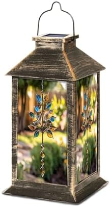 Solar Lantern Tree Stained Glass Brown Blue Clear Leaves Metal Outdoor Waterproof Garden Hanging Lantern Solar Powered Lighting Outside Table Lamp for Patio Deck Camping 1 Pack by Unknown