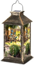 Solar Lantern Tree Stained Glass Brown Blue Clear Leaves Metal Outdoor Waterproof Garden Hanging Lantern Solar Powered Lighting Outside Table Lamp for Patio Deck Camping 1 Pack by Unknown