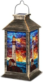 Solar Lantern Maritime Stained Glass Artwork Outdoor Garden Hanging Lantern Waterproof Solar Powered Lighting Outside Table Lamp for Deck Yard Camping Patio Decor by Unknown