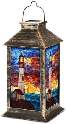 Solar Lantern Maritime Stained Glass Artwork Outdoor Garden Hanging Lantern Waterproof Solar Powered Lighting Outside Table Lamp for Deck Yard Camping Patio Decor by Unknown