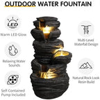 25.6''H Outdoor 6-Tiered Water Fountain with LED Lights, Outdoor Rock Design Cascading Fountains, Landscaping Fountain for Garden, Patio, Deck, Lawn, Balcony, Backyard and Home Decor, Black - Image 4