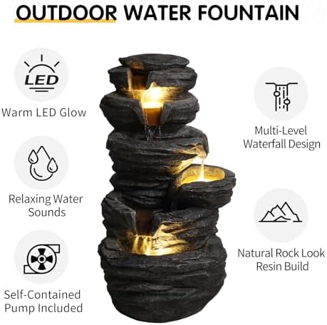 25.6''H Rock Waterfall Outdoor Fountain with LED Lights, Multi Tier Cascading Outdoor Water Fountain, Home Art Décor for Patio Lawn Backyard, Easy Assembly, Black - Image 5