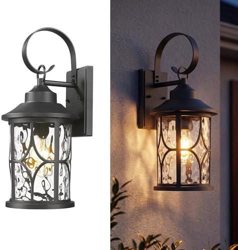 zeyu 19.5 Inch Outdoor Wall Lamp, 1-Light Large Outdoor Wall Lighting for House Porch, Die-Cast Aluminum in Black Finish, Water Ripple Glass, ZX111B-M BK-WG by ZEYU