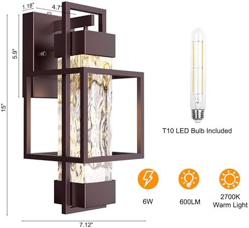 Modern Outdoor Light Fixture Dusk to Dawn Outdoor Lighting, 15" H Exterior Wall Sconce Waterproof Porch Light, Outside Light for House with Water Glass for Garage Doorway, Oil Rubbed Bronze - Image 3