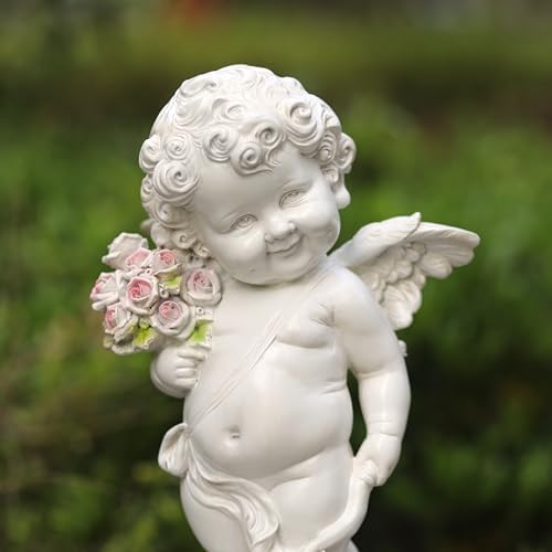 Garden Cupid Angel Statue with Pink Roses, White Cherub Figurine, Outdoor Indoor Decorative Sculpture - Image 3