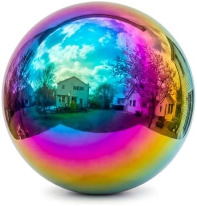 10 inch Diameter Gazing Ball,Rainbow Stainless Steel Polished Reflective Smooth Garden Sphere Globe Mirror,Colorful and Shiny Addition to Any Garden or Home by JforSJizT