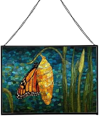 Butterfly Emerging from Chrysalis Rectangular Stained Glass Suncatcher – Hanging Window Panel with Animal & Nature Scene – Vibrant Glass Art Gift for Wildlife, Fantasy, Nature Lovers XGNTPJ by Custom