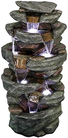 PeterIvan Outdoor Relaxing Waterfall - 6-Tier Fountain with 6 LED Lights, Stone-Liking Resin for Patio, Garden, House&Office (40.6in, Grey) - Image 3