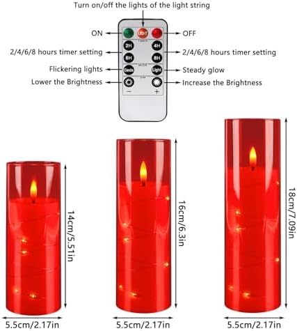 24-Pack Flameless LED Candles with Star String Lights - Red Acrylic Pillar, Realistic Flickering, Remote Control & Timer for Home Decor, Wedding, Christmas - Image 4