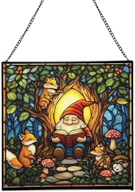 Forest Reading Gnome Stained Glass Suncatcher – Square Hanging Window Panel for Home or Greenhouse – Whimsical Glass Art Gift for Garden Lovers, Christmas, Halloween, Father Days EHxYe2 by Custom