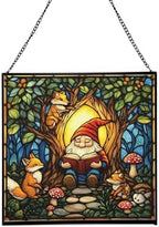 Forest Reading Gnome Stained Glass Suncatcher – Square Hanging Window Panel for Home or Greenhouse – Whimsical Glass Art Gift for Garden Lovers, Christmas, Halloween, Father Days EHxYe2 by Custom