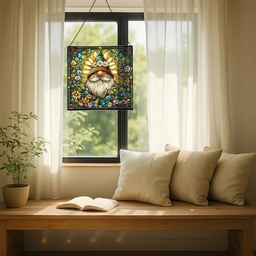Daisy Crown Gnome Stained Glass Suncatcher – Square Hanging Window Panel for Home or Greenhouse – Whimsical Glass Art Gift for Garden Lovers, Christmas, Halloween, Father Days gdSmuZ - Image 7