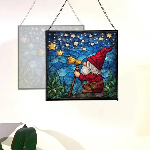 Star Gazer Gnome Stained Glass Suncatcher – Square Hanging Window Panel for Home or Greenhouse – Whimsical Glass Art Gift for Garden Lovers, Christmas, Halloween, Father Days j9i2JX - Image 4
