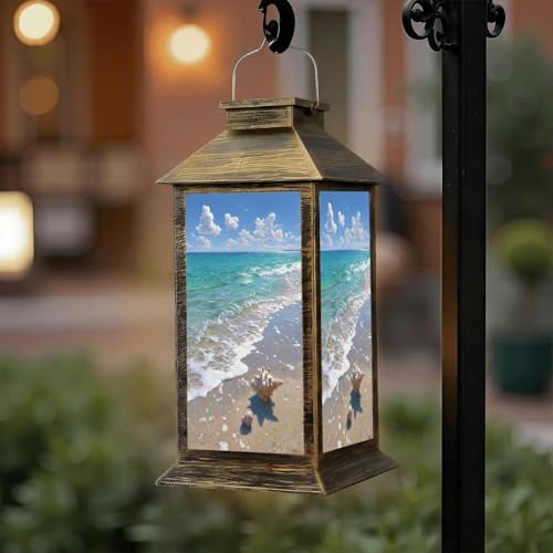 Solar Lantern Outdoor Waterproof Seashells Starfish Sands Beach Garden Decor LED Hanging Solar Lights Tabletop Lamp Gifts for Women Mom Outside Yard Patio Porch by DERUINVAIO