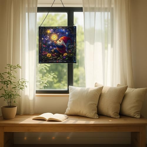 Gnome with Dreamcatcher Stained Glass Suncatcher – Square Hanging Window Panel for Home or Greenhouse – Whimsical Glass Art Gift for Garden Lovers, Christmas, Halloween, Father Days vrZDDK - Image 7
