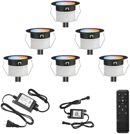 FVTLED LED Deck Lights Kit, 6pcs Φ1.22 WiFi Smart Phone Control Low Voltage Recessed RGBW Deck Lighting Waterproof Outdoor Yard Path Stair Decor, Black by FVTLED