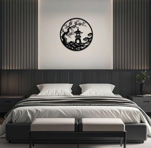 Zen Garden Blossom Pagoda Metal Wall Art WallArt Decor Metal Outdoor Decor Metal Signs Modern Minimalist Aesthetic Artwork Elegant Wall Decoration for Living Room Office Apartment (Black,24inch) - Image 4