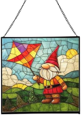 Kite String Gnome Stained Glass Suncatcher – Square Hanging Window Panel for Home or Greenhouse – Whimsical Glass Art Gift for Garden Lovers, Christmas, Halloween, Father Days Mjhqbn by Custom
